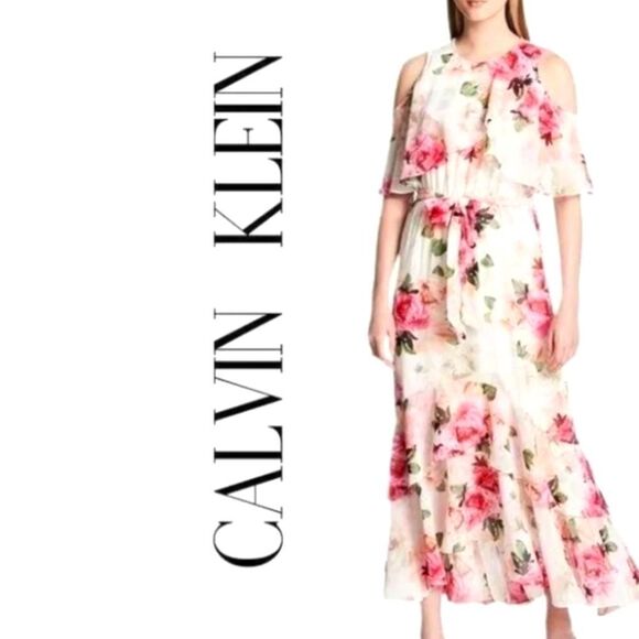Calvin Klein Cold Shoulder Floral Maxi Dress, Size 8 - Picture 1 of 6